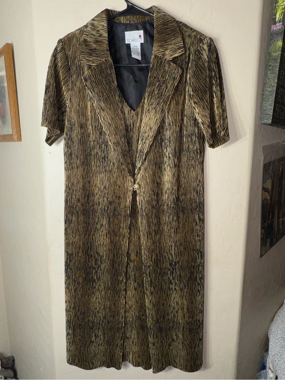 Scarlett Vintage 90s Metallic Gold Black Pleated Cocktail Midi Dress Size 9/10